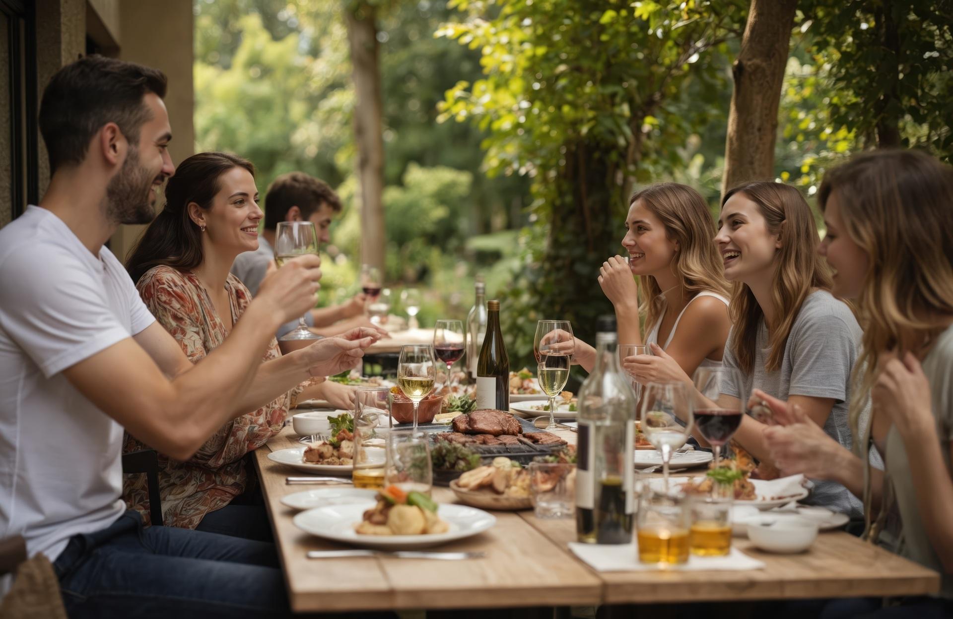 Freunde essen gemeinsam im Garten | Stehtisch